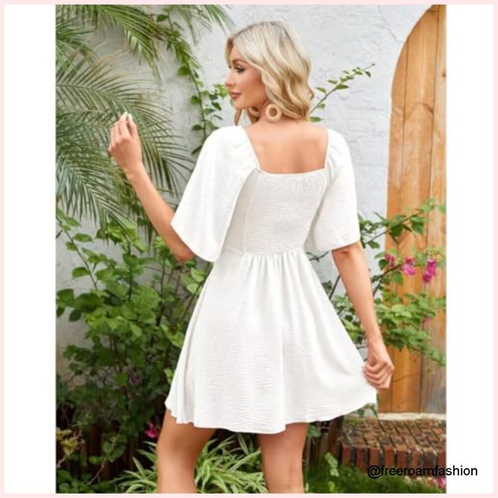 V-Neck Bow Tie Ruffle Mini Dress Casual Short Sleeve Sundress - Picture 3 of 7
